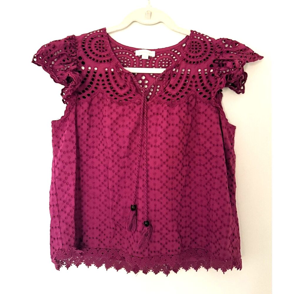 Jennifer Grace Anthro Scalloped Magenta Eyelet Tassel Top Cottagecore Sz M